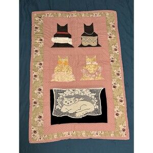 VTG Cute Cat Quilt Panel Baby Blanket Crochet Handmade Aprons Pink Kitty OOAK